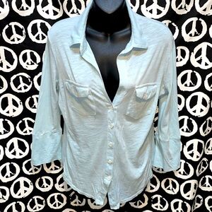 JAMES PERSE PALE AQUA 3/4 SLEEVE BUTTON DOWN SHIRT DEEP V-NECK SZ